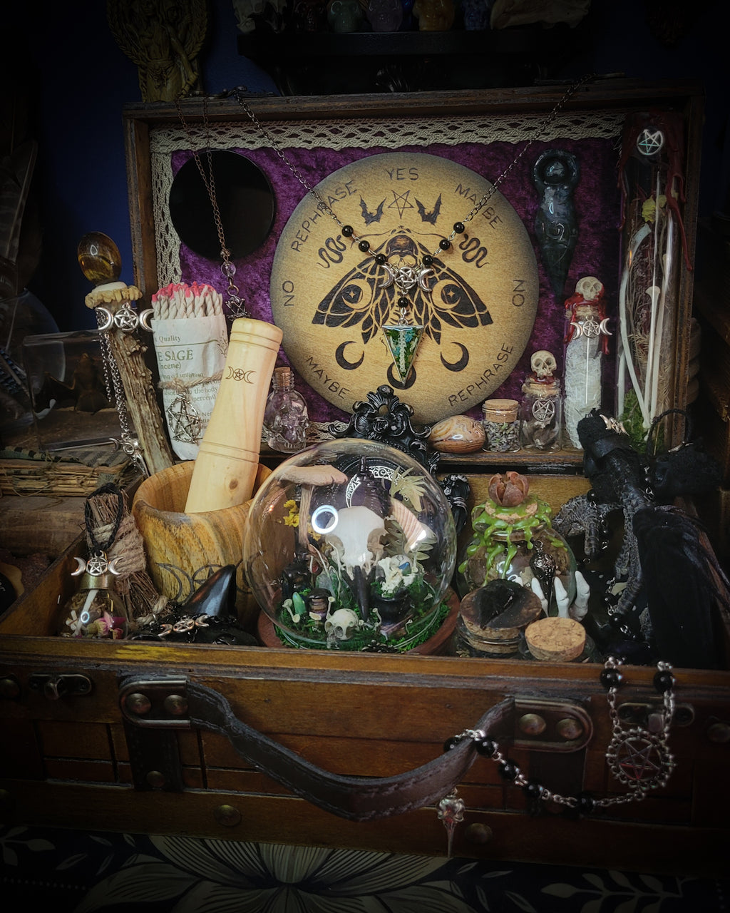Universal Witch Altar Box — handmade witch altar box, made to order. Custom portable ritual space with pendulum board, obsidian scrying mirror, spell jars, wand, crystals, bones and symbolic elements. Dark witchcraft commission by Morbid Oddities.