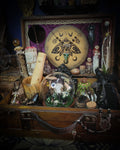 Universal Witch Altar Box — handmade witch altar box, made to order. Custom portable ritual space with pendulum board, obsidian scrying mirror, spell jars, wand, crystals, bones and symbolic elements. Dark witchcraft commission by Morbid Oddities.