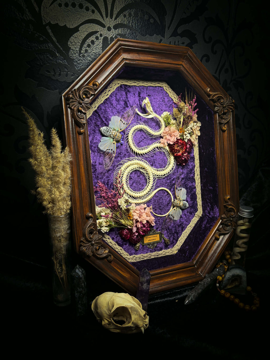 Gothic shadowbox — articulated snake skeleton on deep violet velvet, preserved florals, ghost cicadas, baroque wooden frame with gold accents, 45x35cm