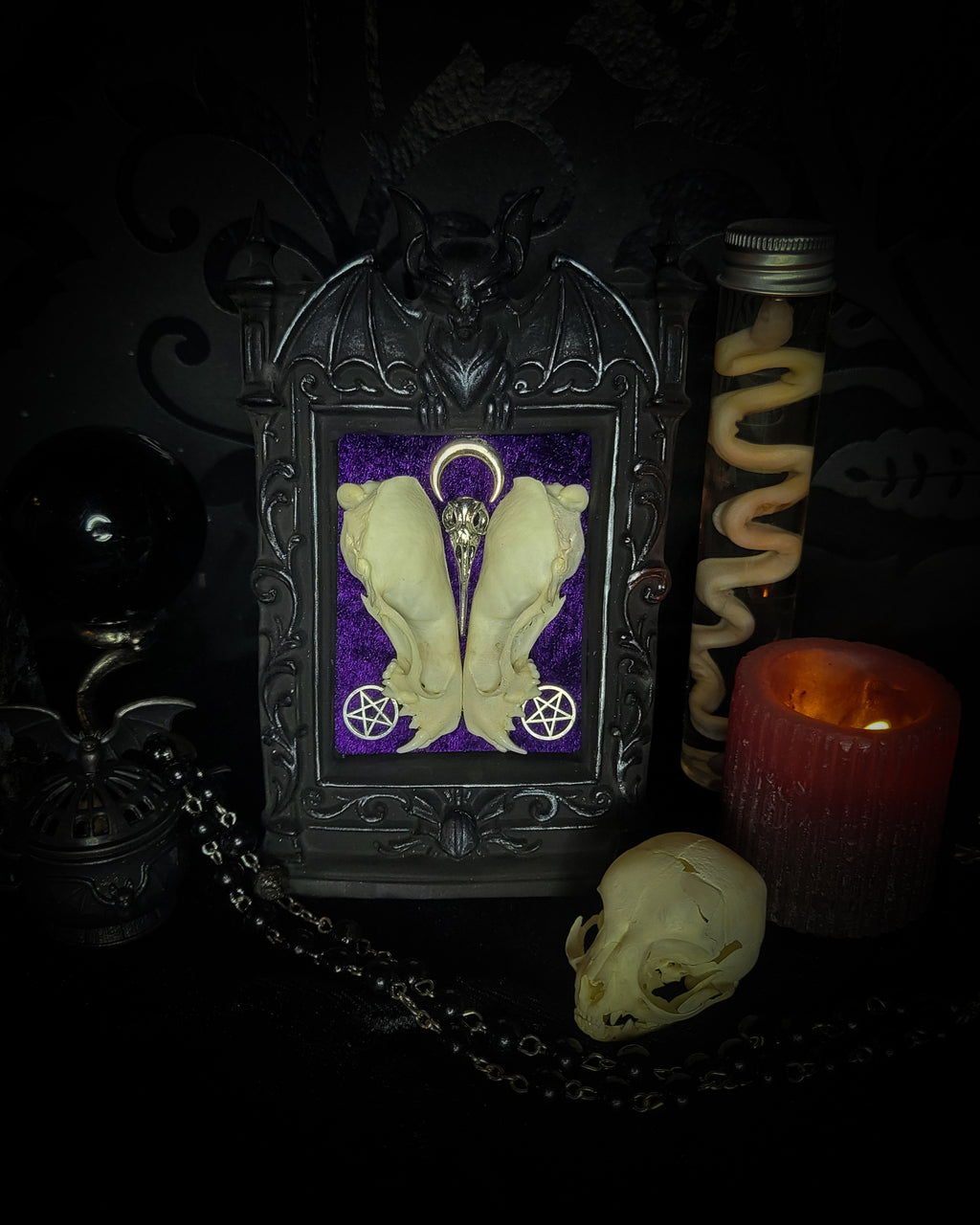 Nocrta | Gothic — handmade gothic wall decor with real mink skull mirrored composition, bat ornament, crescent moon and twin pentacles on deep purple velvet, 16x11cm