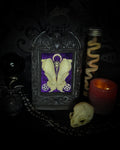 Nocrta | Gothic — handmade gothic wall decor with real mink skull mirrored composition, bat ornament, crescent moon and twin pentacles on deep purple velvet, 16x11cm