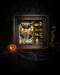 The Apothecary | handmade witchy shadowbox with two real lantern bugs Pyrops synavei and Pyrops pyrorhynchus, bat skull, pigeon skull, crystals, snake skin bottles and curiosities, dark wood frame | Morbid Oddities
