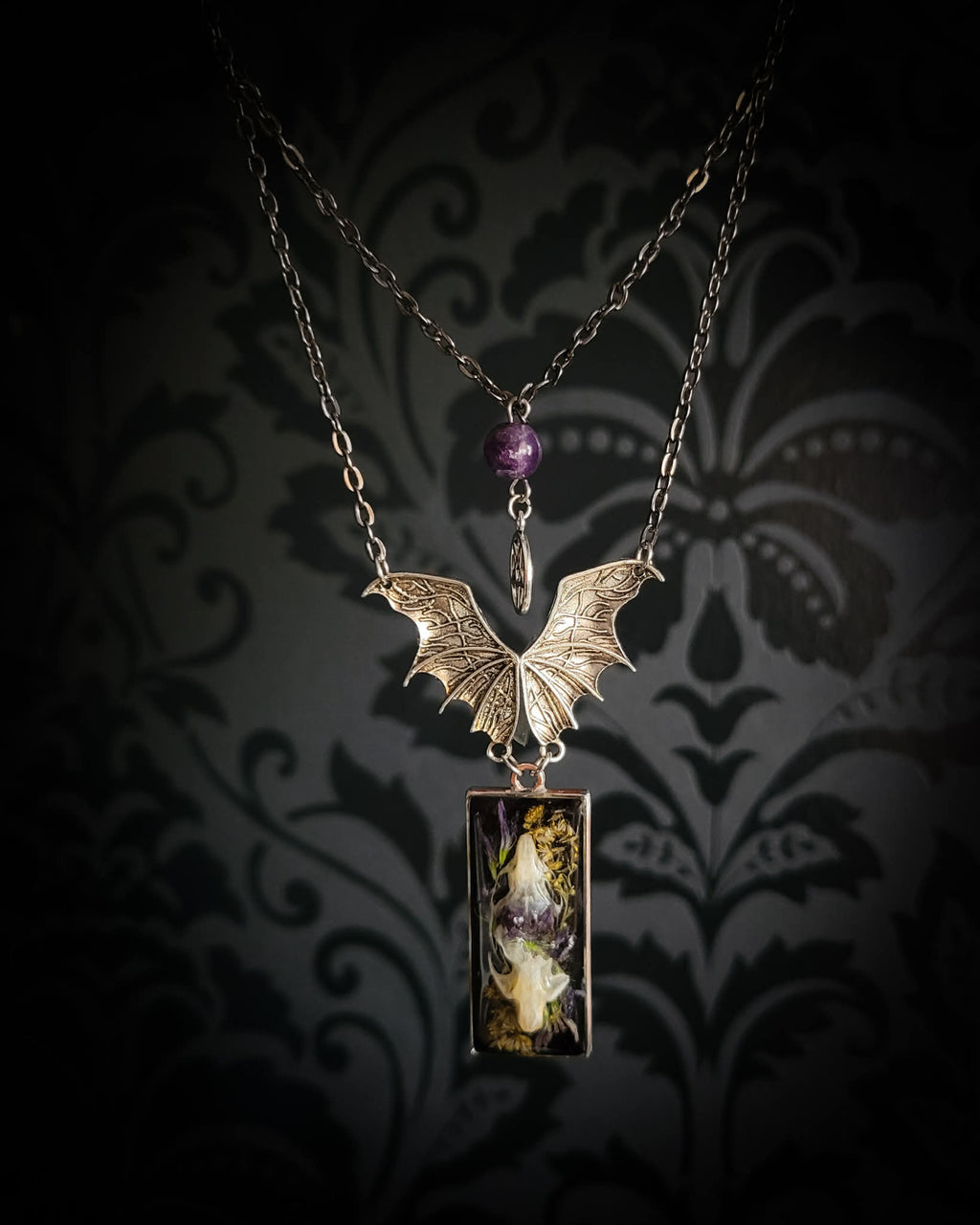 Handmade gothic necklace — real mouse skulls in resin pendant, dried flowers, bat connector, amethyst bead and pentagram charm