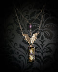 Handmade gothic necklace — real mouse skulls in resin pendant, dried flowers, bat connector, amethyst bead and pentagram charm