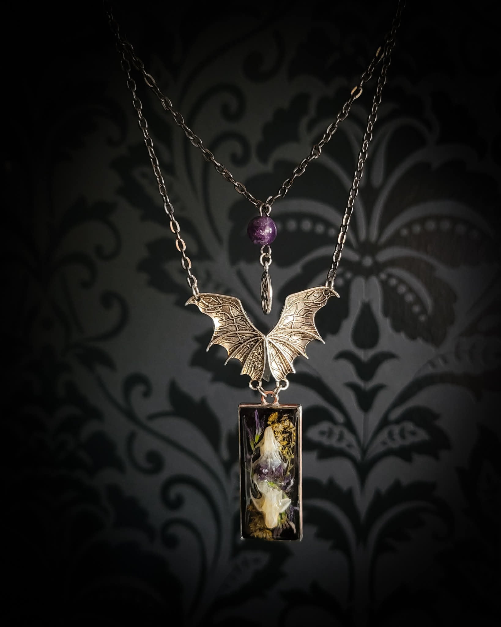 Handmade gothic necklace — real mouse skulls in resin pendant, dried flowers, bat connector, amethyst bead and pentagram charm