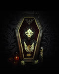 Decorative coffin with skeleton hands and skull design on a dark background Sangruel Devourer of Hearts — handmade gothic wall decor with large real cat skull carved with vampiric symbol, hand-carved horns, mummified heart with vintage nails, preserved cat paws and wooden bat carving, aged frame, 45x27cm