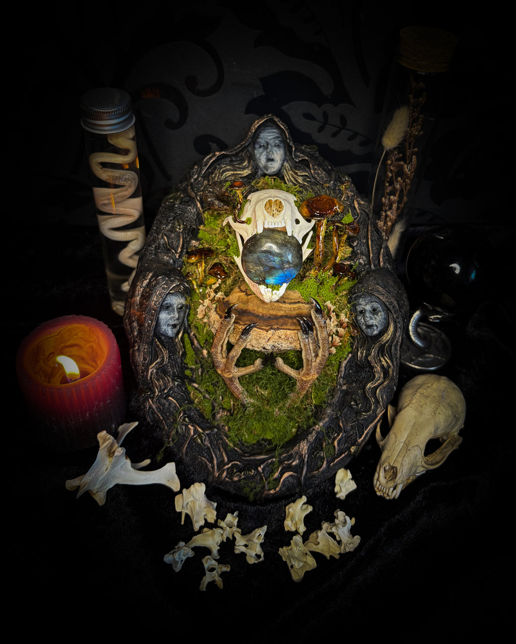 Forest Faun Calio | Woodland — handmade gothic wall decor with real marten skull, hand-carved ram horns, labradorite, preserved bird feet, moss and mushrooms sealed in resin, aged hand-cast frame, 20x15cm